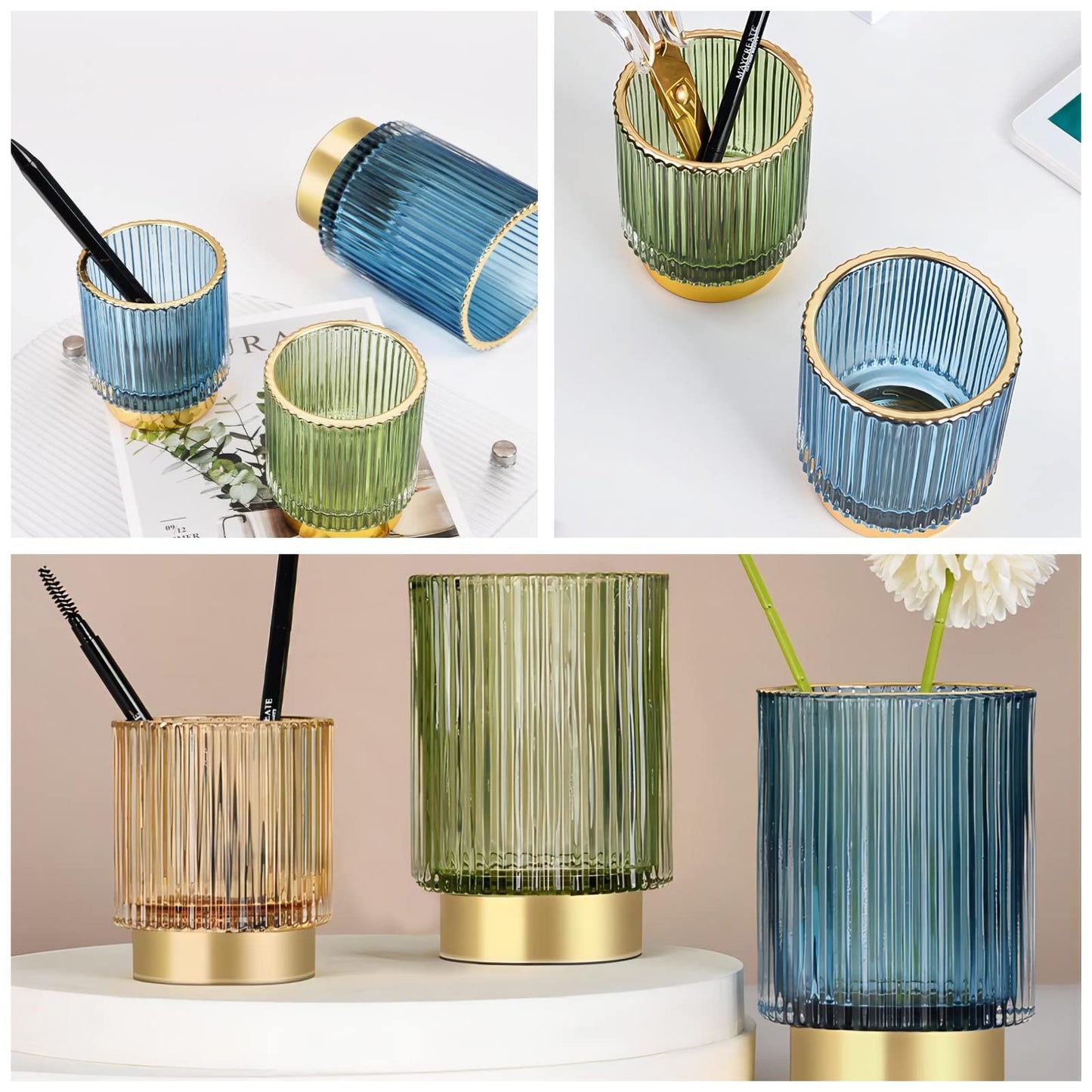 DASITON Makeup Brush holder Organizer,Crystal Cosmetic Makeup Brush Glass Brushes Storage Holder, Vintage Make Up Brush Cup Pen Pencil Holder striped vase(Blue L)