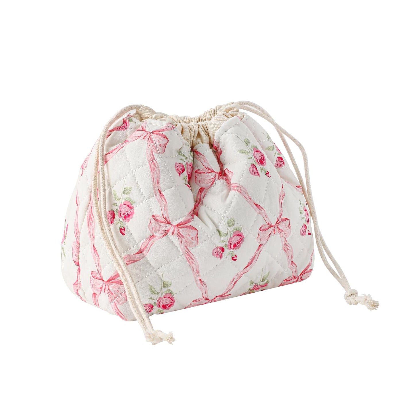 Cotton Quilted Drawstring Makeup Bag with Canvas Lining,Coquette Aesthetic Cute Travel Toiletry Bag,Drawstring Gift Bag for Women and Girls（03Pink Bows）