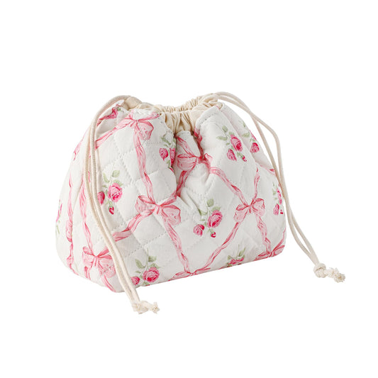 Cotton Quilted Drawstring Makeup Bag with Canvas Lining,Coquette Aesthetic Cute Travel Toiletry Bag,Drawstring Gift Bag for Women and Girls（03Pink Bows）