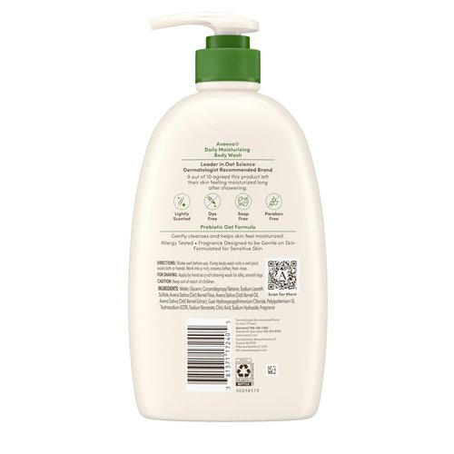 Aveeno Daily Moisturizing Body Wash for Dry & Sensitive Skin + Prebiotic Oat, Body Wash Gently Cleanses & Nourishes Dry Skin, Lightly Scented, Value Size, 33 fl. oz