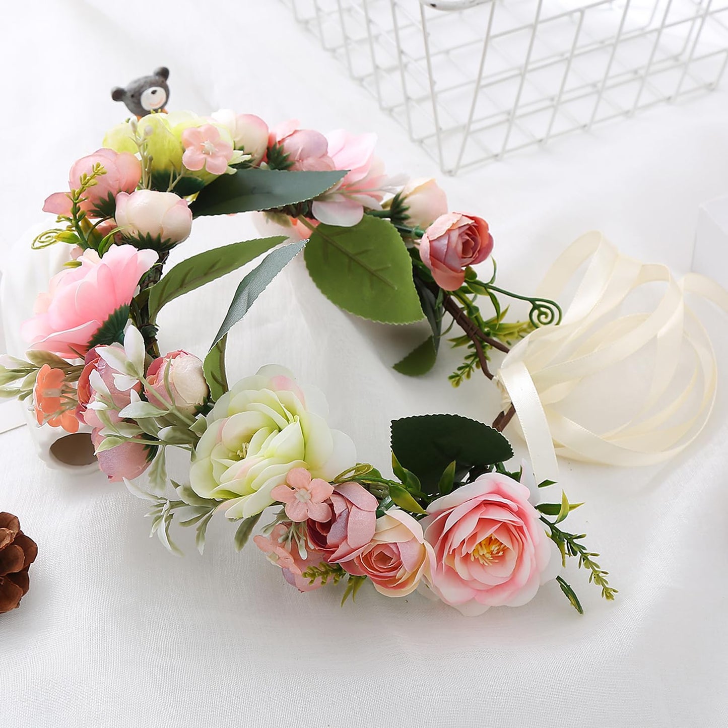 YnimioAOX Handmade Adjustable Flower Wreath Headband Halo Floral Crown Garland Headpiece,E0015-pink white