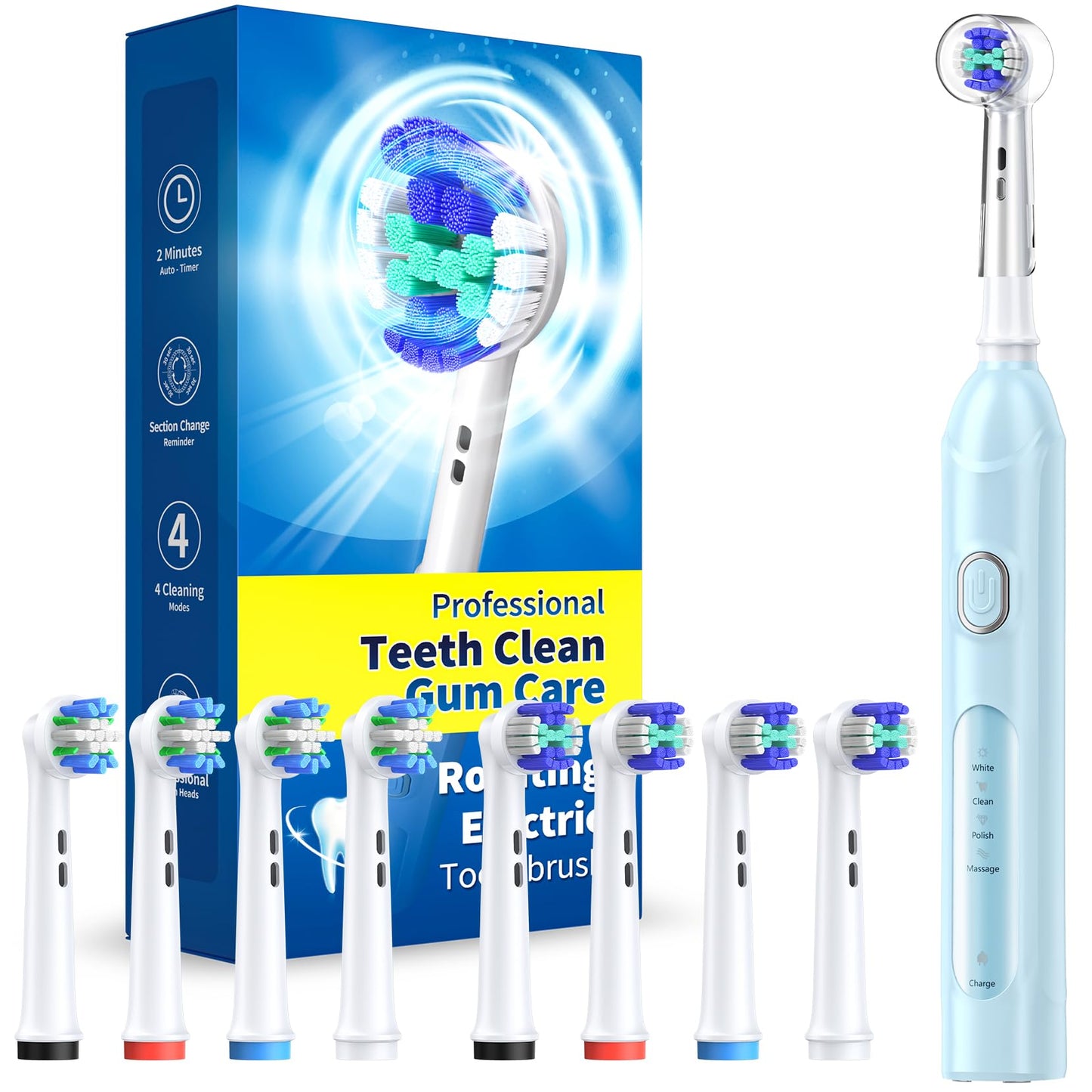 TEETHEORY Rotating Electric Toothbrush for Adults with 8 Brush Heads (2 Types), 4 Modes Deep Clean Electric Toothbrush with Rechargeable Power and 2 Min Smart Timer