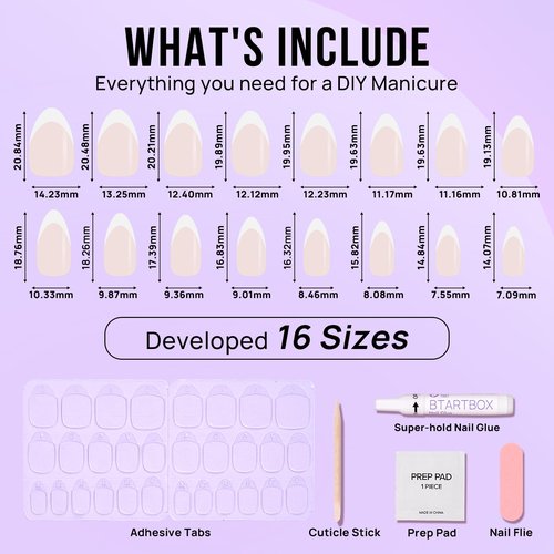 BTArtbox Press On Nails Short - Almond French Tip Press On Nails with Glue for Women, Soft Gel Glue On Nails in 16 Sizes - 32 Stick On Nails Kit, White French