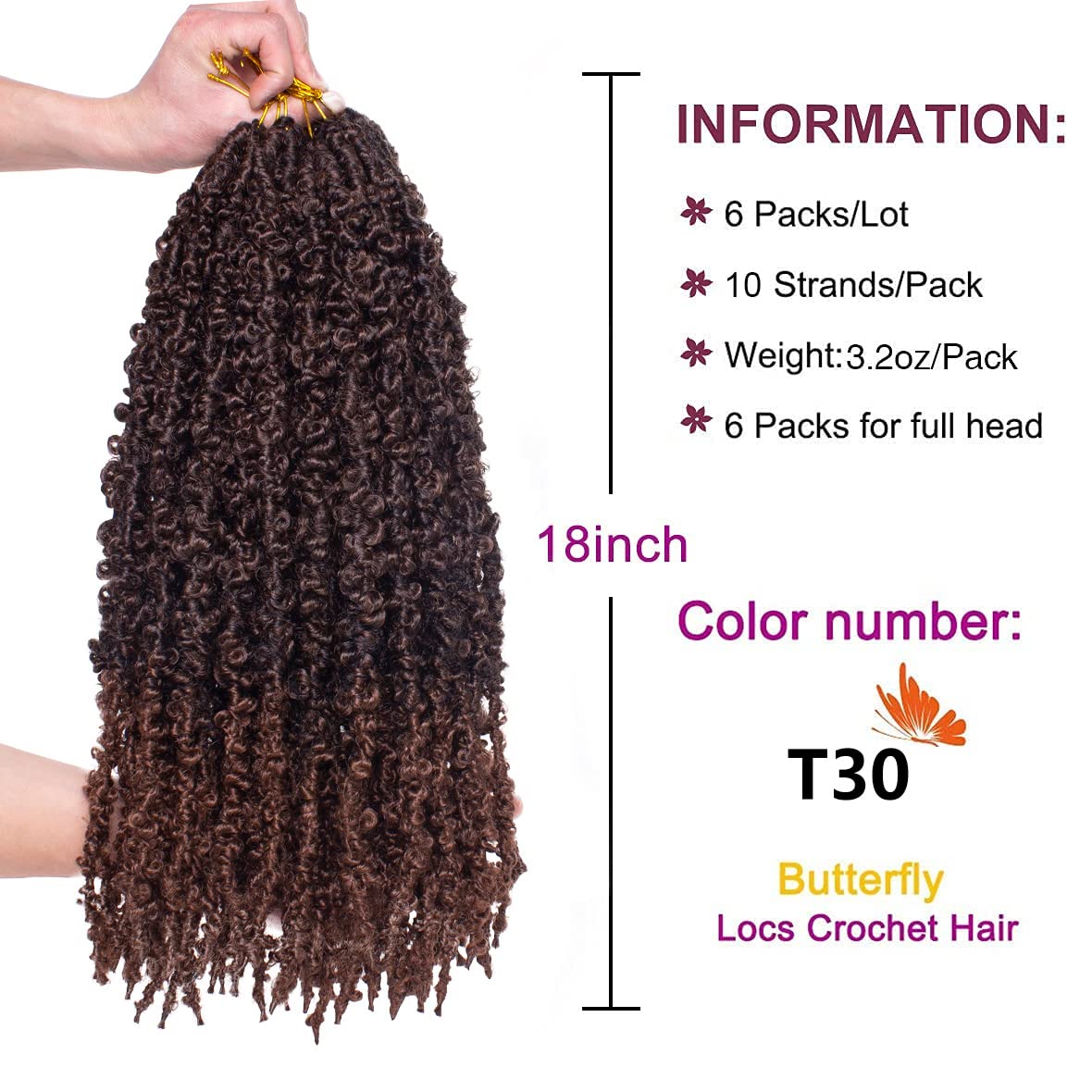 ZRQ 18 Inch Ombre Butterfly Locs 6 Packs Distressed Faux Locs Croceht Hair,20 Inch Pre-looped Brown Soft Locs Crochet Braids For Black Women Hair Extensions T30#