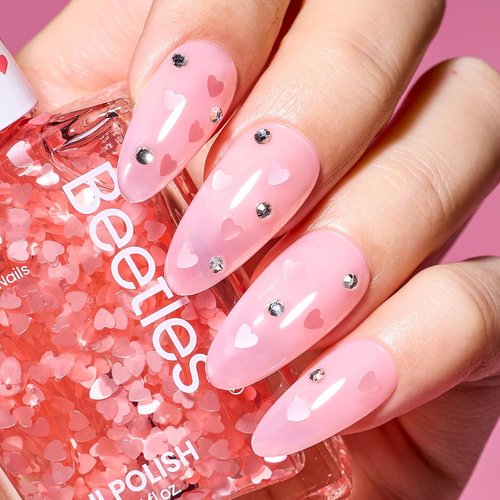 Beetles Easter Nail Polish - Pink Heart Glitter Top Coat | 15ml Long-Lasting Quick Dry Spring Art