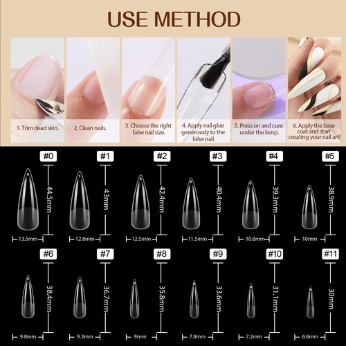 UNA GELLA Stiletto XXL Nail Tips No Need File Extra Long Stiletto Nails Full Cover 120PCS Long Almond Gel Nail Tips Pre-buff Press on Fake Nails for Gel Nail Extension Home DIY Salon 12 Size