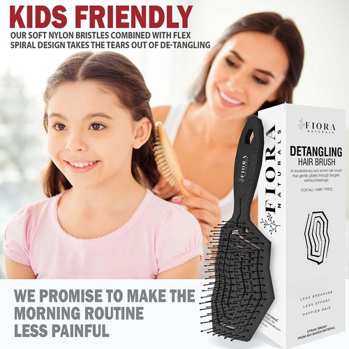 Fiora Naturals Hair Detangling Brush for Women - Detangler Hair Brush w/Flexible Soft Bristles- Gently Glides Through Tangles - Curly, Fine, Dry and Shower Wet HairBrush, cepillo para cabello - Black