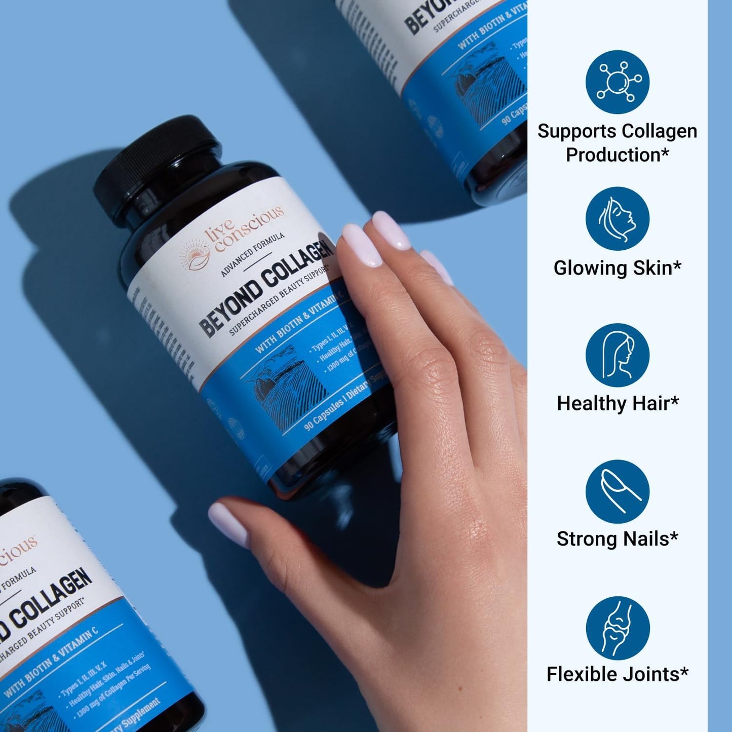Live Conscious Beyond Collagen Multi Collagen Capsules - Hydrolyzed Blend with Biotin & Vitamin C | 90 Count for Hair, Skin, Nails