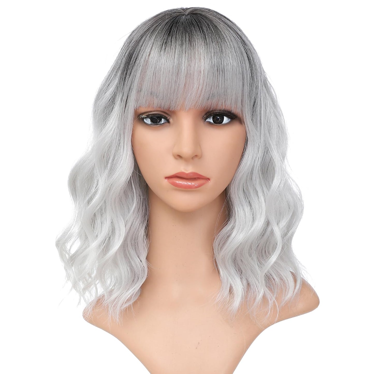 BEAUTIFA Silver Gray Wig with Bangs for Women 14 Inch Shoulder Length Short Bob Wavy Curly Wig White Grey Wig Heat Resistant Synthetic Wigs