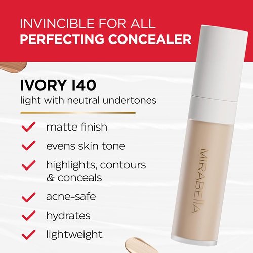 Mirabella Invincible Under Eye Concealer - Full Coverage Hydrating Formula for Dark Circles & Fine Lines - Ivory I40