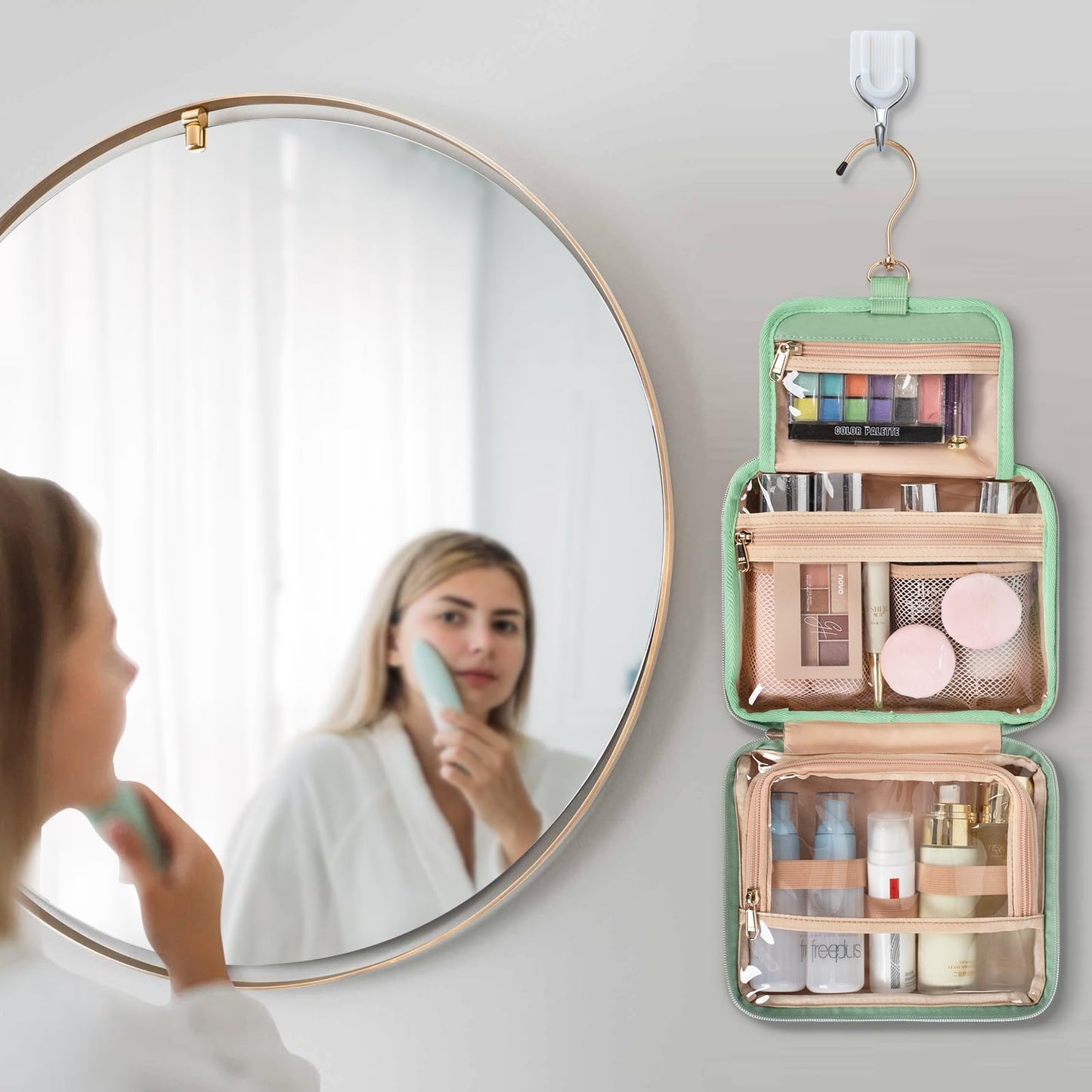 CUBETASTIC Hanging Travel Toiletry Bag, Portable Green Makeup Bag with Handle, 3 Compartment Small Travel Bag for Toiletries Waterproof Leather Cosmetic Organizer Pouch with 360° Hook