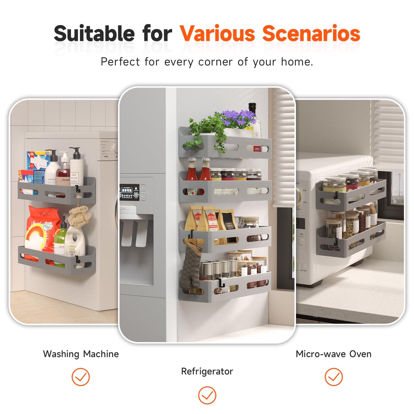 4 Pack Strong Magnetic Spice Rack for Refrigerator, Multipurpose Magnetic Shelf for Fridge with 4 Hooks for kitchen and Bathroom Organization, Black