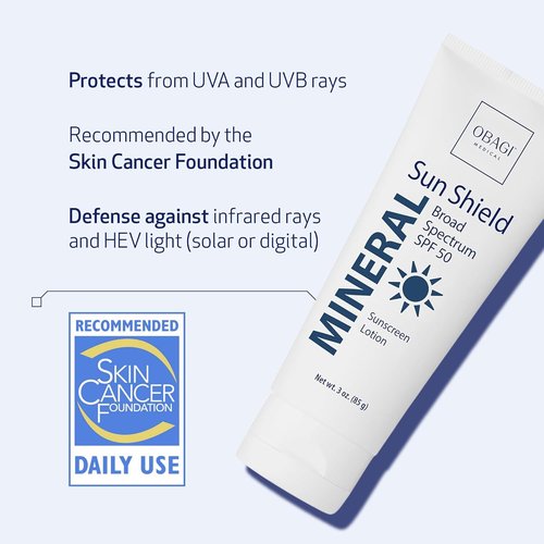 Obagi Sun Shield Mineral Sunscreen - Hypoallergenic Broad Spectrum SPF 50 - Sheer Quick-Absorbing Formula - 3 oz