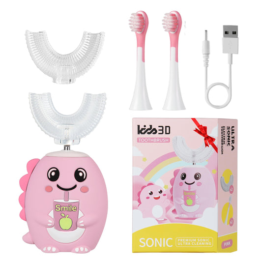 LOOT Kids U Shaped Electric Toothbrush with 4 Brush Heads with 5 Cleaning Modes, Sonic Toothbrush Kids, 60s Smart Reminder, Cartoon Dinosaur 360-Degree Cleaning IPX7 Waterproof Design (Pink, 2-6)