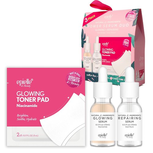 Epielle Power Serum Duo - Glowing Toner Pads & Repairing Serums with Niacinamide & Snail Mucin | Vegan Korean Skincare Set