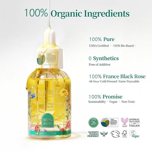 Apuree 100% Bio-Based Cuticle Oil - Deep Moisture Nail Strengthener with Black Rose Extract | 1oz Vegan Formula for Dry Cuticles and Brittle Nails