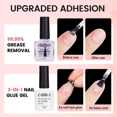 AILLSA Nail Extension Kit Short Almond Nail Tips 240pcs with 2 In 1 Nail Glue Base Coat and Nail Dehydrator, Gel Nail Tips Kit with Nail Lamp Top Coat for Starters Home Salon