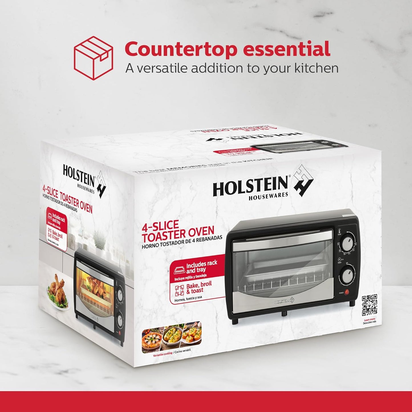 Holstein Housewares 4-Slice Toaster Oven - Compact Design with 60-Minute Timer | Includes Pan & Wire Rack in Sleek Black