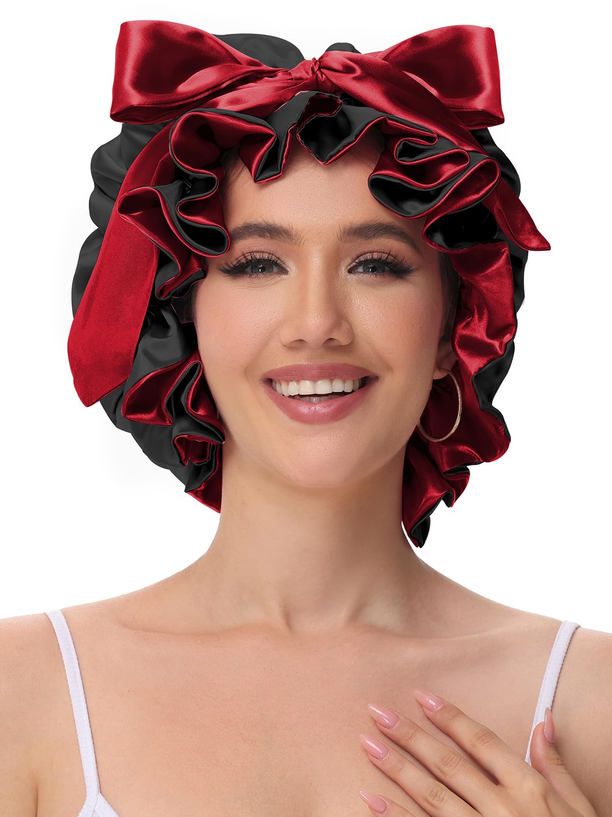 Vettres Hair Bonnet for Sleeping, Satin Silk Shower Cap Women 2025 with Tie Band and Adjustable Straps Head Wrap for Curly Hair Black F
