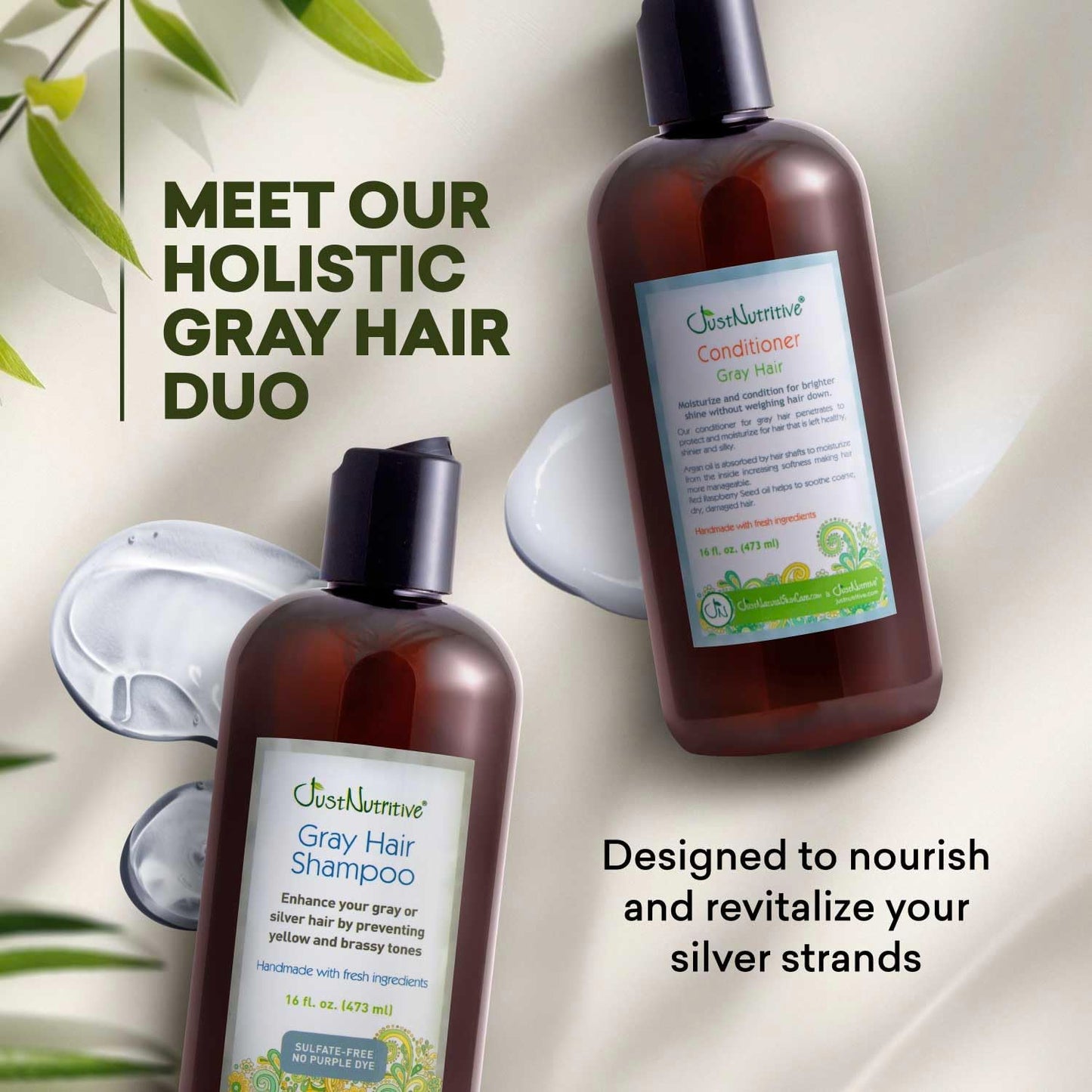 Just Nutritive Gray Hair Shampoo & Conditioner Set - Natural Care for Gray Hair | 16 oz Each