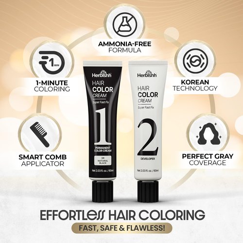 Herbishh Korean Hair Dye Cream & Developer - Ammonia-Free Permanent Color for Gray Coverage | Natural Black (2.03 fl oz Each)