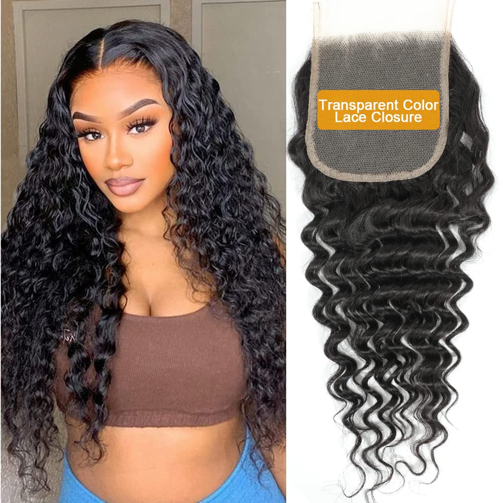 QTHAIR 12a Grade Brazilian Deep Wave Human Hair Bundles/Closure/Frontal/Wigs 100% Unprocessed Brazilian Virgin Hair Deep Curly Hair (18", 4x4 Closure)