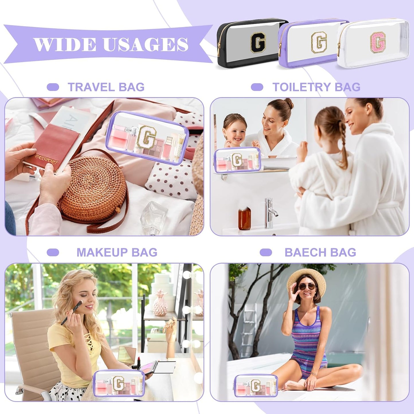 UIXIZQ Personalized Initial Letter Clear Makeup Bag - Preppy Nylon & PVC Cosmetic Zipper Bag | Travel Toiletry Organizer for Teen Girls & Women, Monogrammed Gift