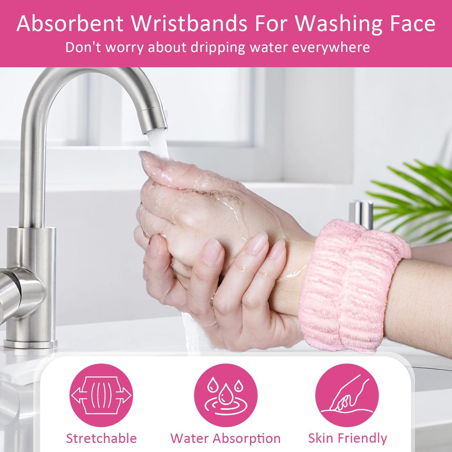 Beomeen Facial Cleansing Brush 2 in 1, Silicone Face Scrubber Dual Face Brush for Deep Pore Cleansing and Exfoliating, Skincare Headband and Wristbands Set for Washing Face, Massaging Spa Makeup, Pink