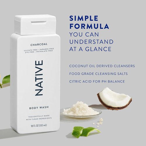 Native Body Wash - Naturally Derived Ingredients for Soft, Hydrated Skin | Charcoal, 18 oz (Pack of 2)