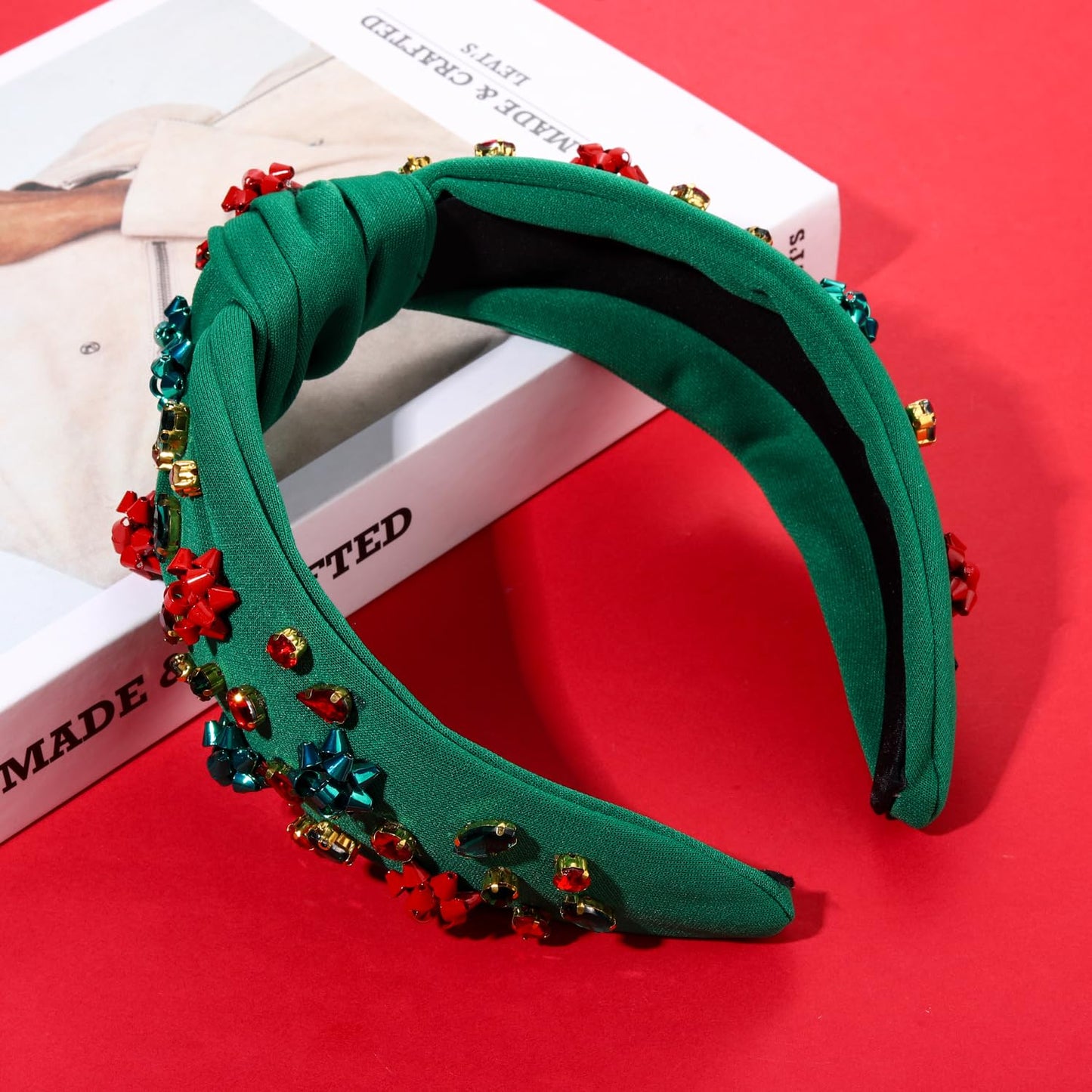 Christmas Headband for Women Holiday Christmas Accessories Beaded Xmas Bow Tree Snowflake HOHOHO Knotted Headband Red Green Crystal Pearl Top Knot Headband Festive Holiday Gifts (Xmas Bow 4)