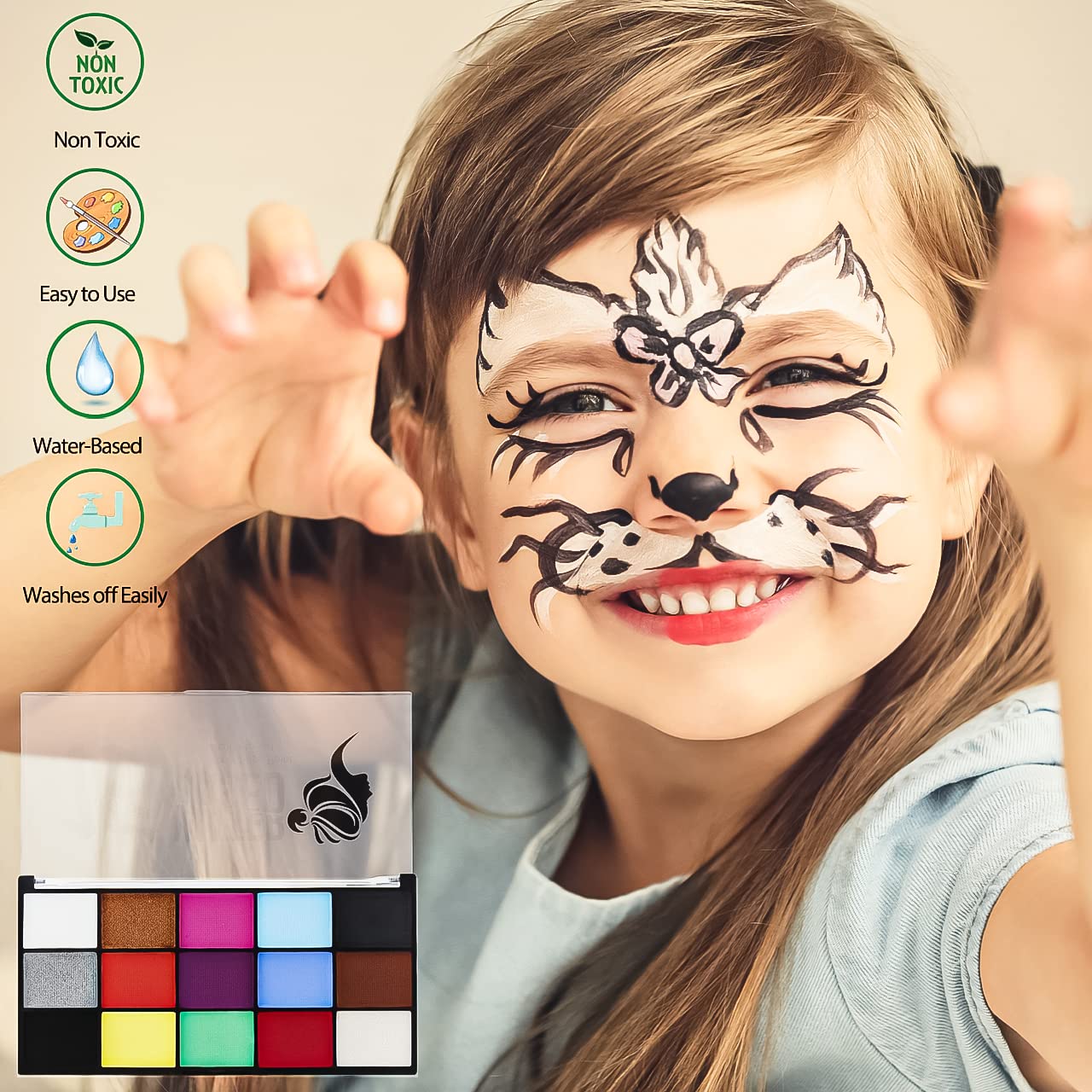 Face Painting Kit for Kids Adults, Water Activated Body Face Paint, 15 Colors Water Based Facepaints Makeup Palette 12 Pcs Brushes, Stencils, Non Toxic for Halloween Party Birthday Cosplay