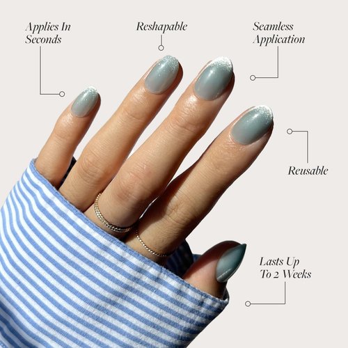 Glamnetic Press On Nails - Unicorn Tears | Short Oval, Misty-Grey Fake Nails with a Mesmerizing Metallic Finish | 15 Sizes - 30 Nail Kit with Glue