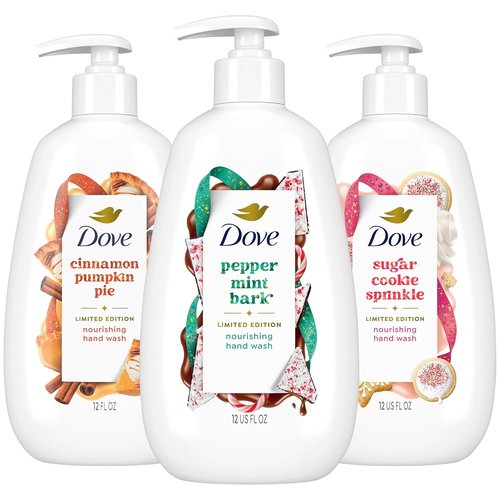 Dove Hand Soap Variety Pack - Holiday Treats: Cinnamon Pumpkin Pie, Peppermint Bark & Sugar Cookie | 12 Fl Oz Each