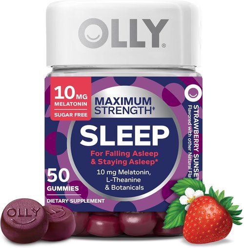 OLLY Max Strength Sleep Gummies - 10mg Melatonin & L-Theanine, Sugar Free, Vegetarian, Strawberry - 50 Count