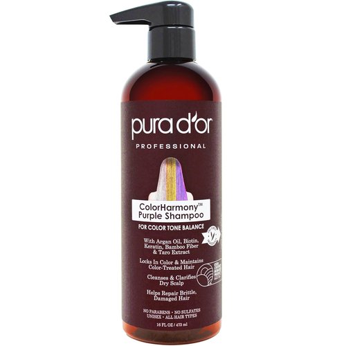 PURA D'OR ColorHarmony Purple Shampoo - 16 Oz for Bleached, Blonde & Silver Hair | Sulfate-Free, Keratin & Bamboo Fiber