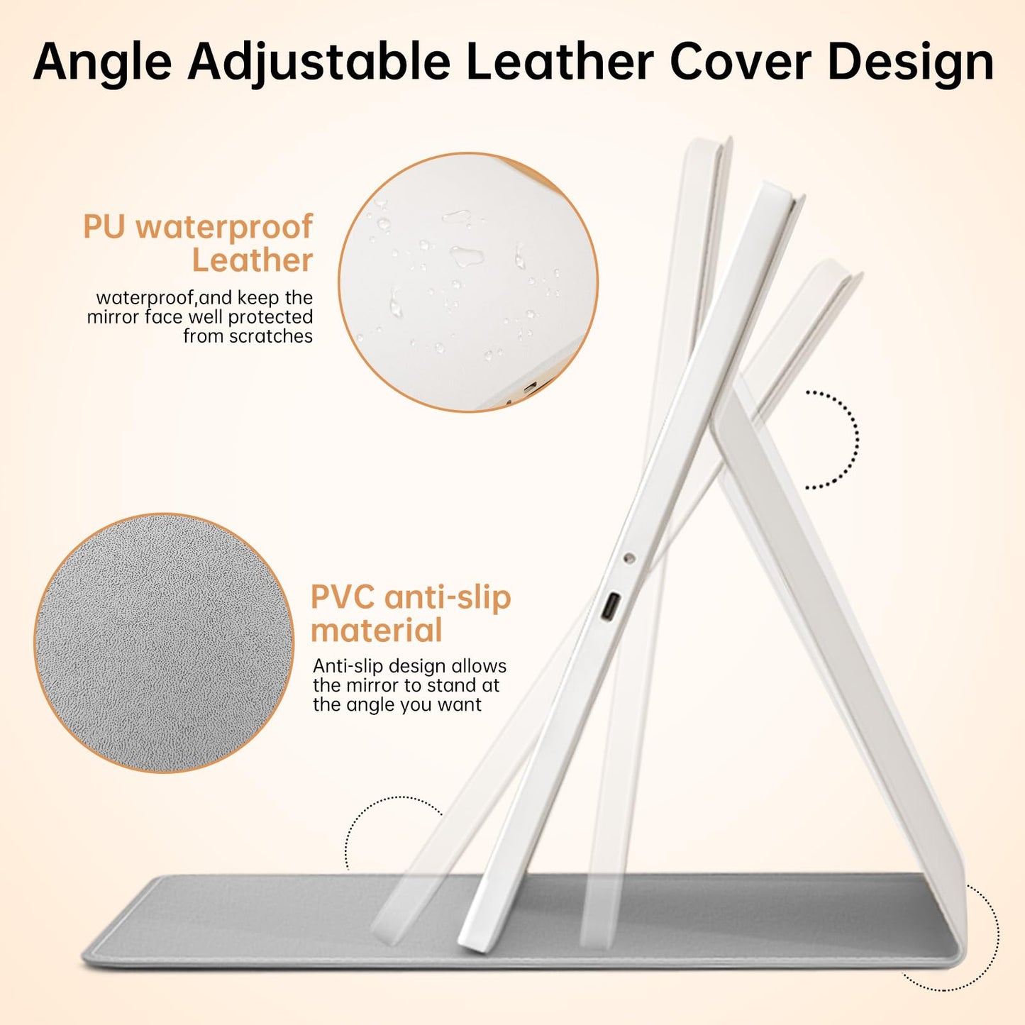 FUNTOUCH 2500mAh Large Rechargeable Travel Makeup Mirror with Light, Portable Makeup Mirror with 10X Magnifying Mirror, 3 Lighting Modes, Tabletop Folding Travel Mirror with PU Leather Cover (White)