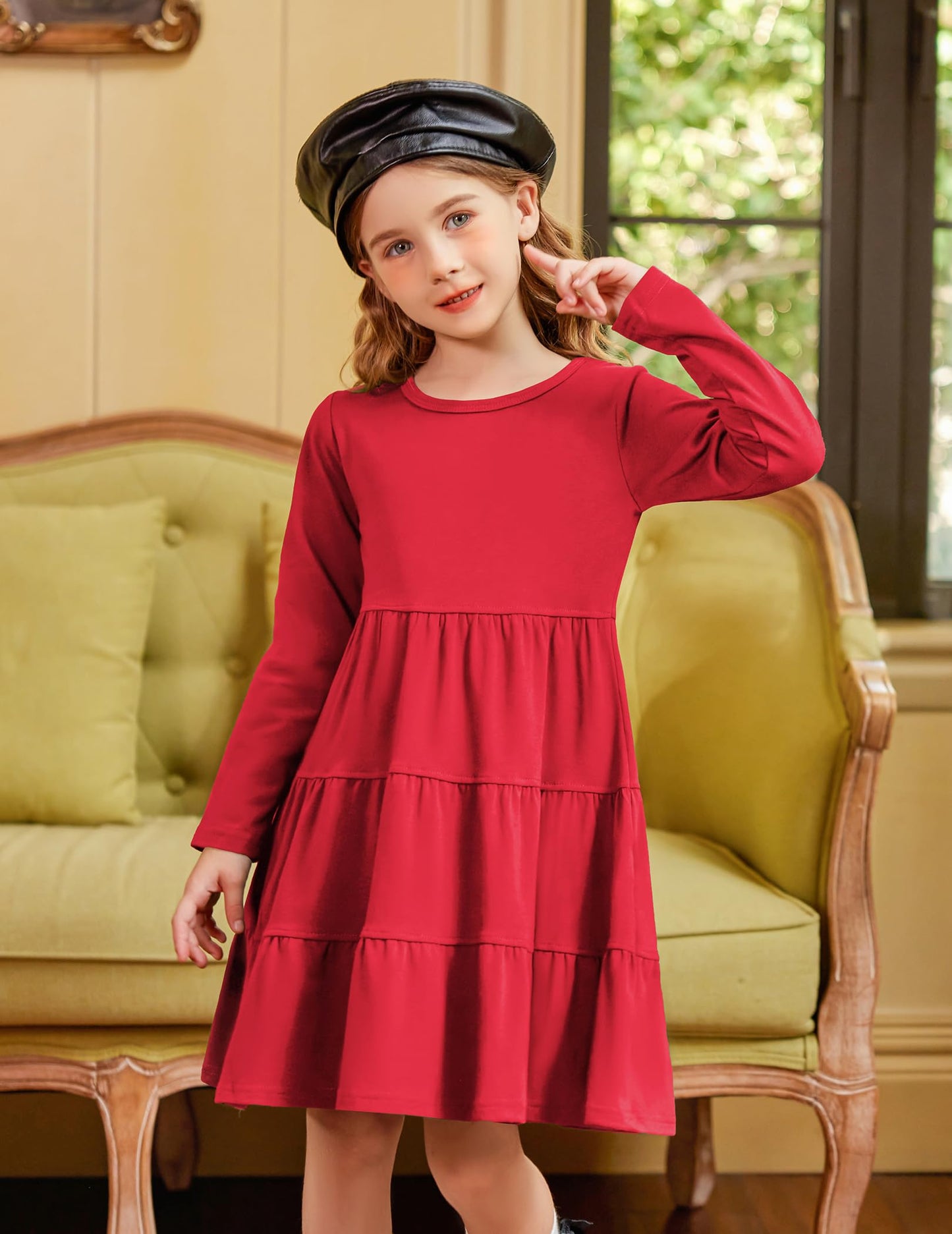 Arshiner Girls Long Sleeve Dress Fall Cotton Crewneck Tiered Ruffle Swing Solid Casual Midi Dresses Red 6 Years