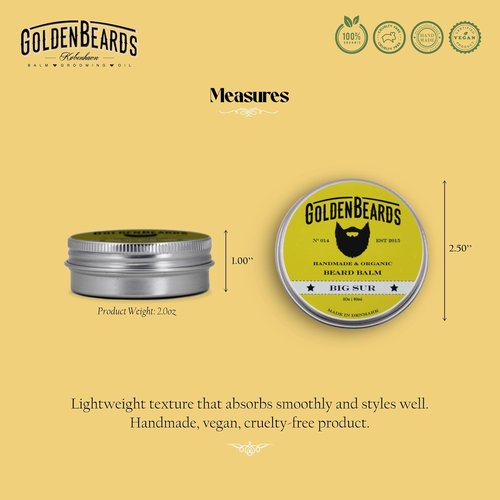 Golden Beards Organic Beard Balm Big Sur - Shea, Cocoa & Argan Butter Blend | Vegan Beard Softener & Styling Balm - 60ml