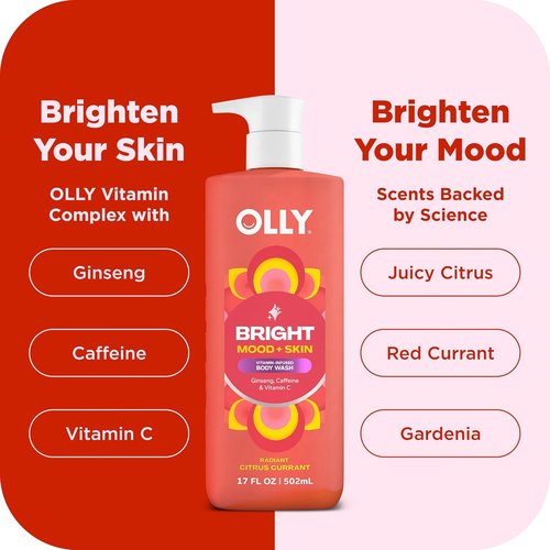 OLLY Bright Body Wash - Nourishing Cleanser with Ginseng, Caffeine & Vitamin C | 17 oz Citrus Currant Scent