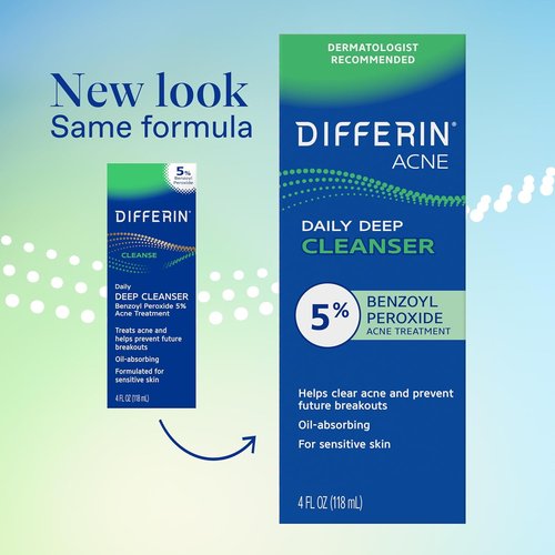 Differin Acne Face Wash - 5% Benzoyl Peroxide Daily Cleanser for Acne-Prone Skin | 4 oz