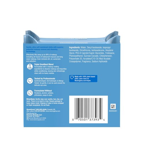Neutrogena Makeup Remover Wipes - Alcohol-Free Micellar Towelettes for Waterproof Mascara | 2 x 25 Ct, Compostable Plant-Based Cloth