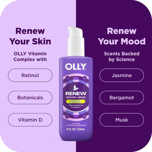OLLY Renew Body Lotion-Serum | Vitamin D, Retinol & Botanicals for Deep Hydration - 8oz Jasmine Bergamot Scent