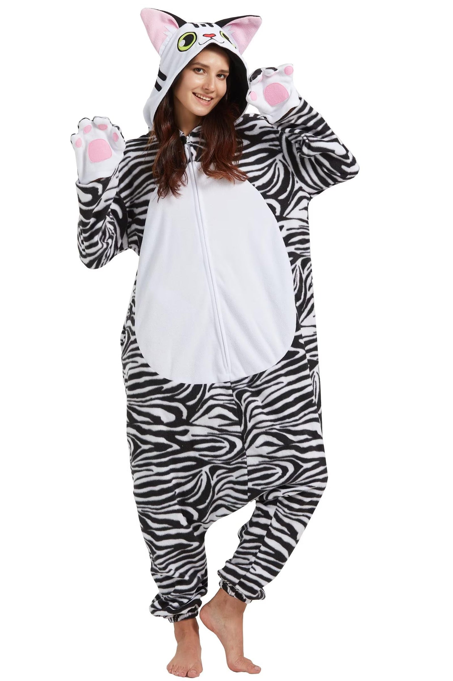 DarkCom Adult Halloween Costume Cosplay Shorthair Cat Onesie Christmas Pajamas Animal Sleepwear for Women Men Small