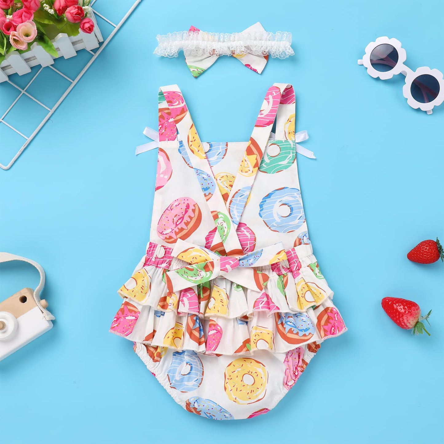 Infant Newborn Baby Girl Romper Toddler First Birthday Cake Smash Outfits Colorful Dunut Print Bubble Romper Photography Outfits Kids Easter Baptism Christening Onesie White-Donut (2PCS) 12-18 Months