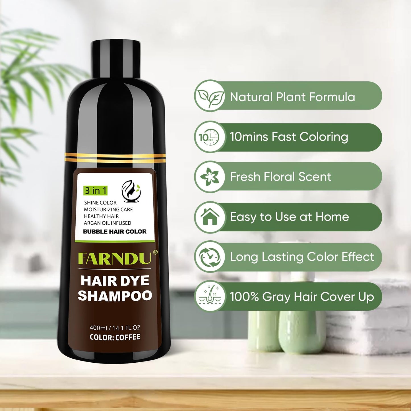 Coffee Hair Dye Shampoo for Women & Men - Gray Coverage 3 In 1 Natural Color Shampoo