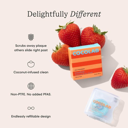 Cocofloss Expanding Woven Dental Floss by Cocolab, Waxed Tooth Floss for Daily Oral Care, Coconut Oil Infused, Vegan, for Adults and Kids, Strawberry Scent