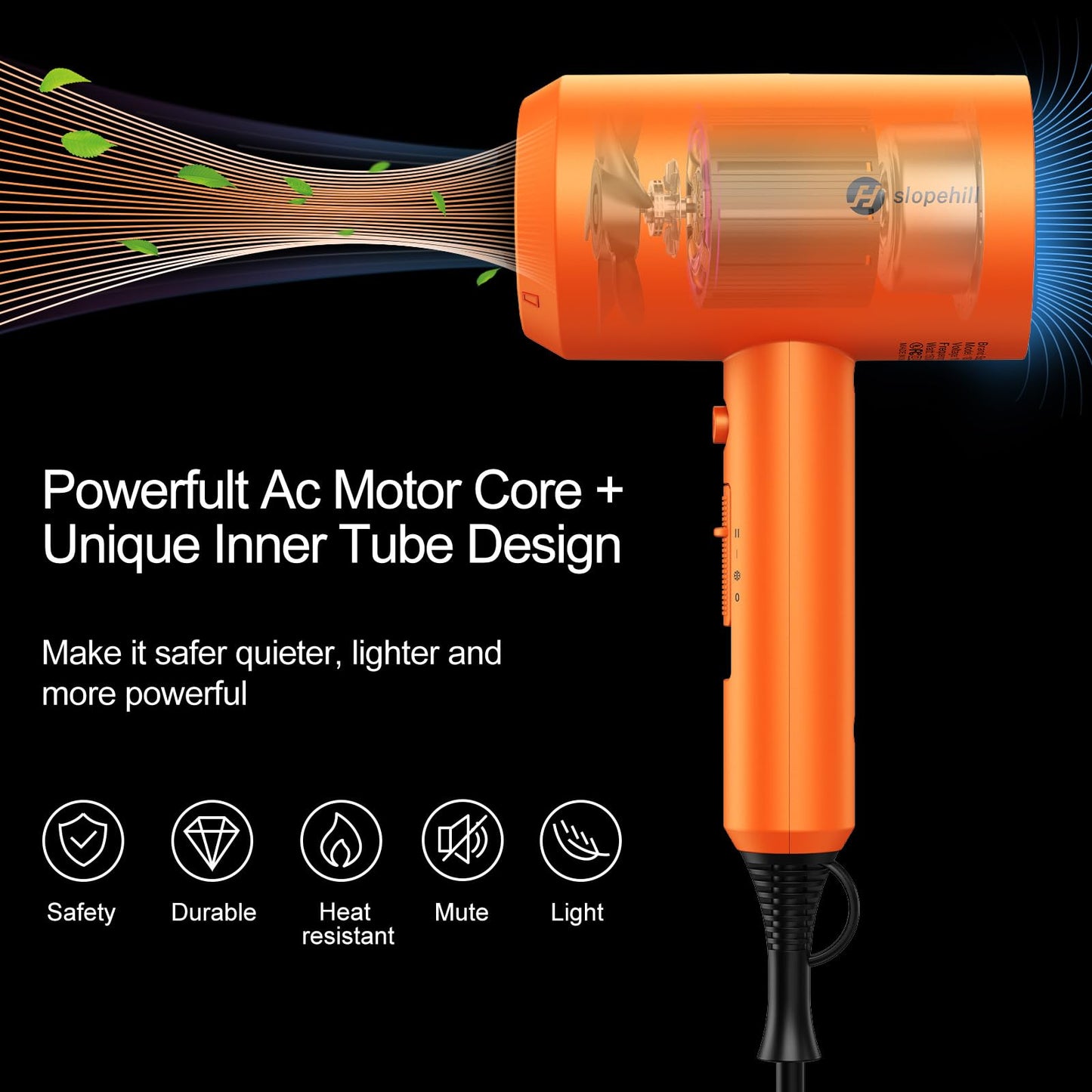 Slopehill Professional Ionic Hair Dryer, Powerful 1800W Fast Drying Low Noise Blow Dryer with 2 Concentrator Nozzle 1 Diffuser Attachments for Home Salon Travel (Cosmic Orange)