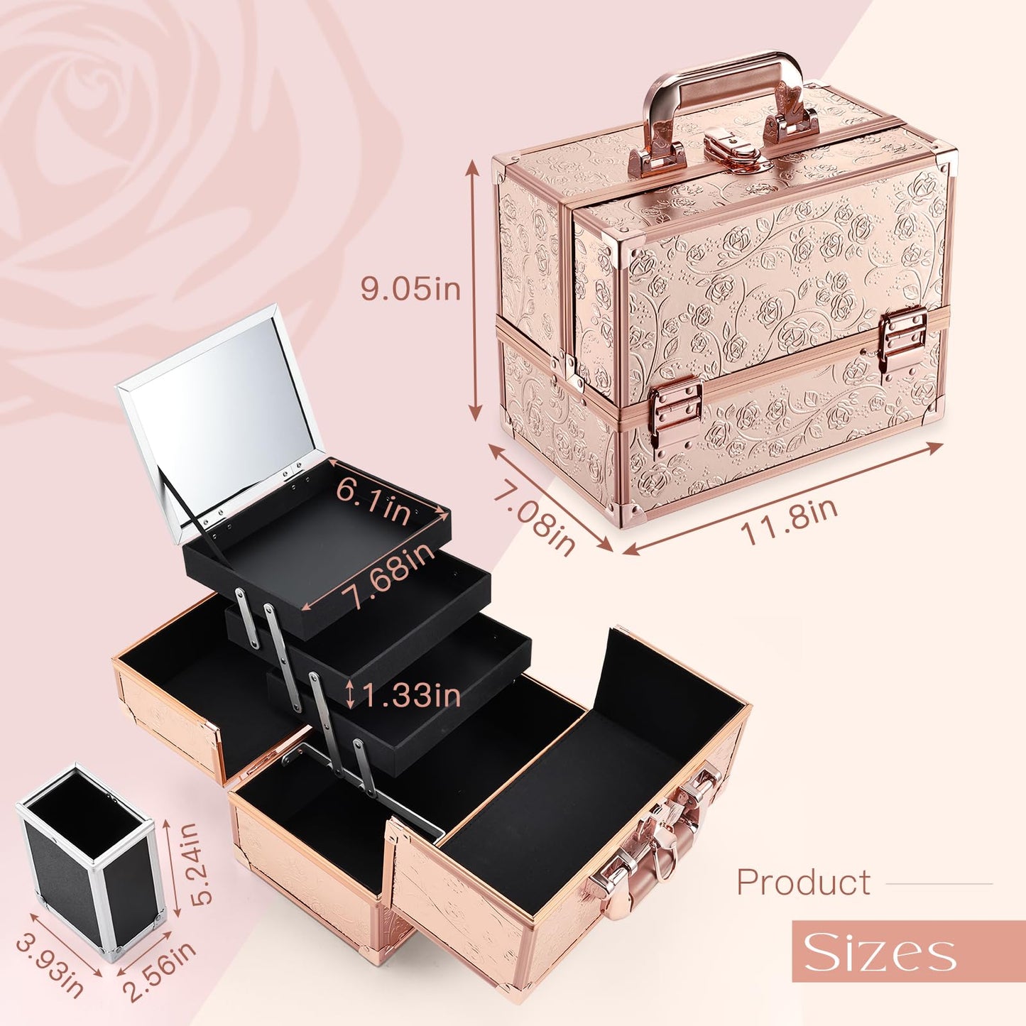 FRENESSA Makeup Train Case 11.8 Inch Extra Large Makeup Organizer Case 3 Trays with Mirror Cosmetic Travel Storage Box for Makeup Artist Nail Art Tech Sewing Supplies Travel Case Rose Gold Floral