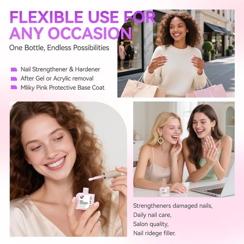 Gelike Nail Strengthener & Growth Polish - Milky Pink Protein & Vitamin Enriched Quick Dry Hardener | 16ml Vegan Formula for Brittle Nails