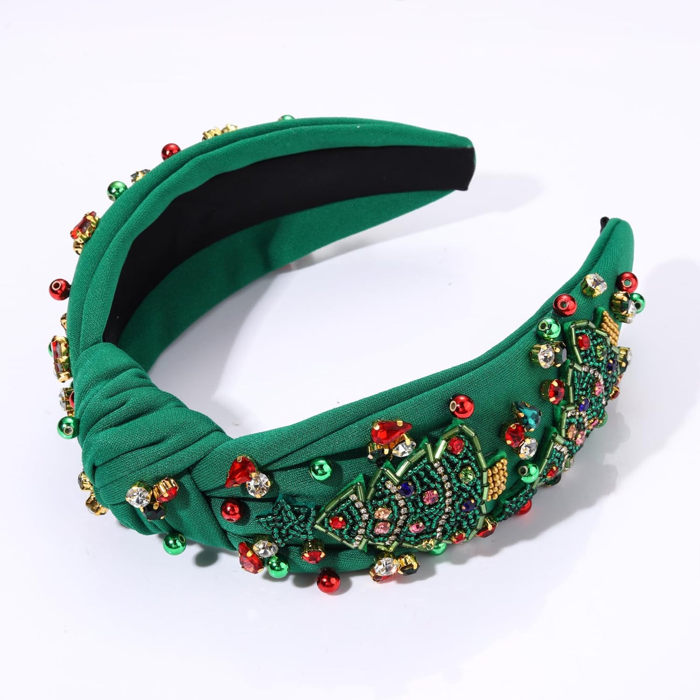 Christmas Headband for Women Beaded Christmas Tree Reindeer Snowflake Headband Jeweled Rhinestone Pearl Knotted Headband Christmas Holiday Hair Accessories Outfit Party Favors (Xmas Tree 1 - Green)